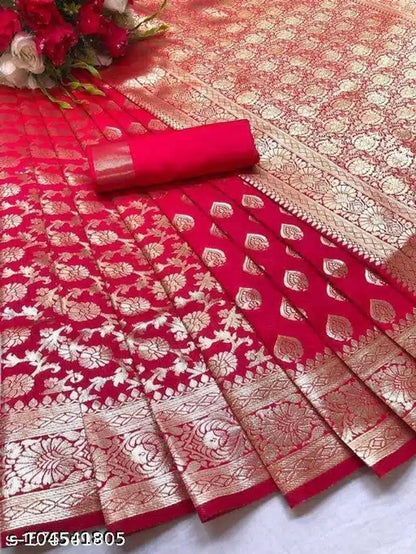 Banarasi Silk Saree With Blouse For Women (Yellow, 6.3M)