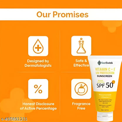 SunSwitch Vitamin C & E UV Protection Sunscreen SPF 50 | Brightening, Hydrating & Non-Greasy Daily Glow Shield .